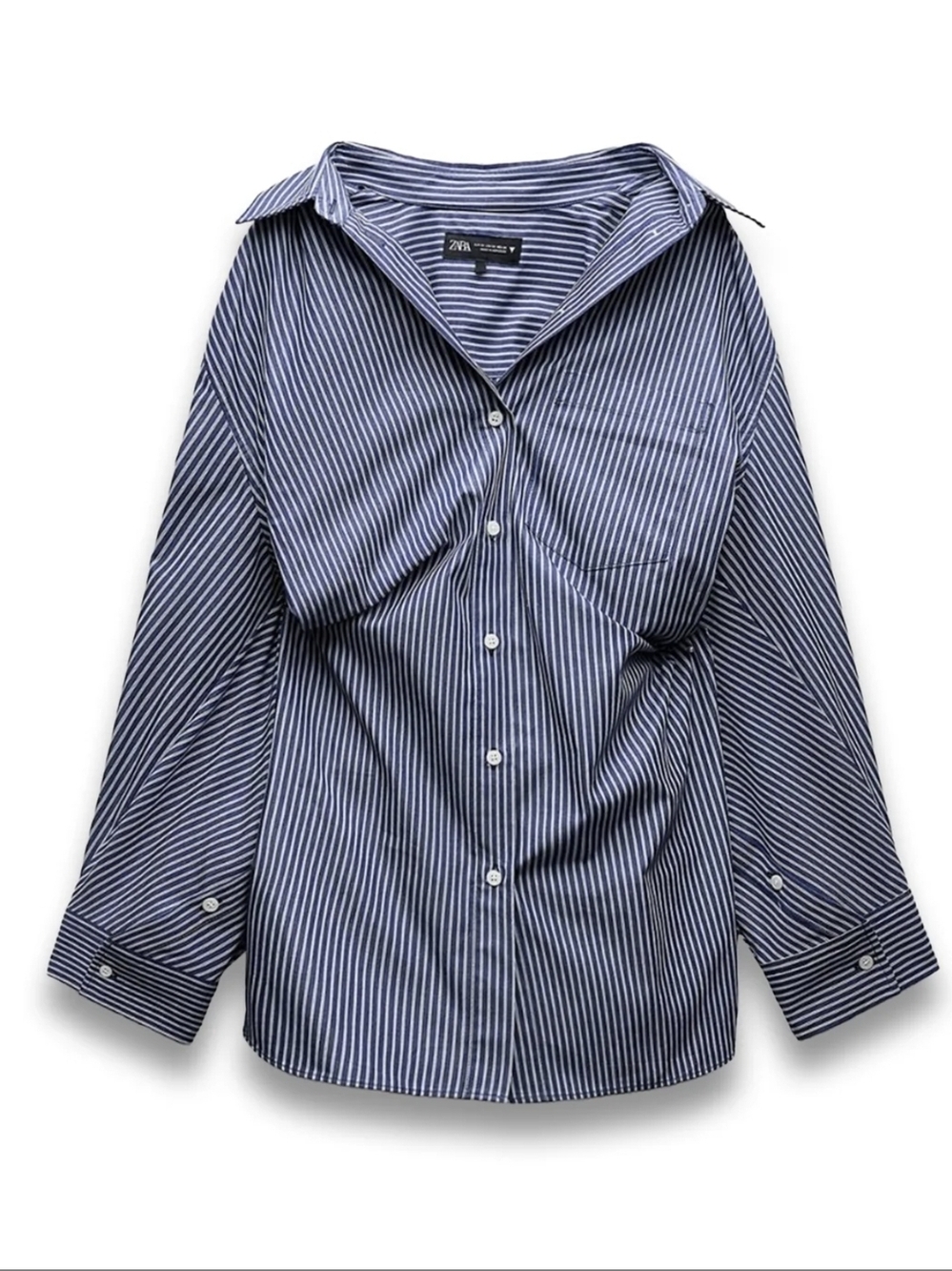 Zara Oversized Poplin Women Shirt Navy Striped Button-Down Shirt Xs